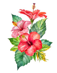 Watercolor bouquet with realistic colorful hibiscus and green leaves. Tropical flower Illustration for design wedding invitations, greeting cards, postcards.