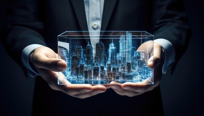 A businessperson holding a tablet displaying city icons in the style of planar art, capturing the essence of nightscapes and night photography.