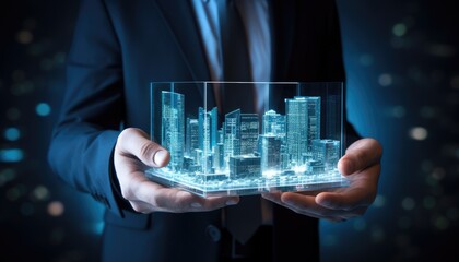 A businessperson holding a tablet displaying city icons in the style of planar art, capturing the essence of nightscapes and night photography.