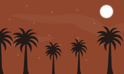 Vector landscape sky, moon clouds and palm trees at night, desert sky view, mountain sky