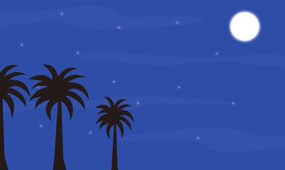 Fototapeta na wymiar Vector landscape sky, moon clouds and palm trees at night, desert sky view, mountain sky