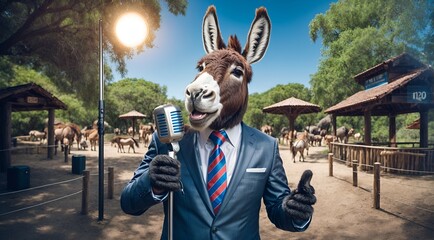 a donkey character wearing a suit, delivering a speech on a podium - obrazy, fototapety, plakaty