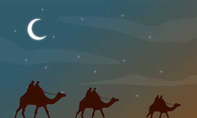 Vector landscape of people riding camels under the night sky, moon clouds and palm trees at night, desert sky views, mountain skies
