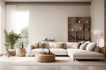Interior home design of modern living room with white sofa and wooden shelves on a beige concrete wall near the window