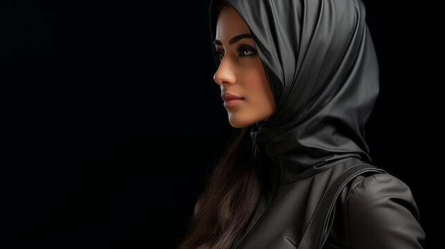 Arabian woman in a hood, Saudi young woman standing,  side view isolated on black background, copy space, beautiful modern Muslim businesswoman