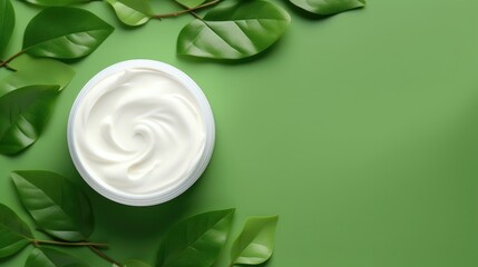 Round open jar of cosmetic cream with creamy and green leaves. Trendy eco friendly cosmetic product with organic and natural elements. Green cosmetics. Beauty product presentation, copy space