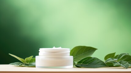 Round open jar of cosmetic cream with creamy and green leaves. Trendy eco friendly cosmetic product with organic and natural elements. Green cosmetics. Beauty product presentation, copy space