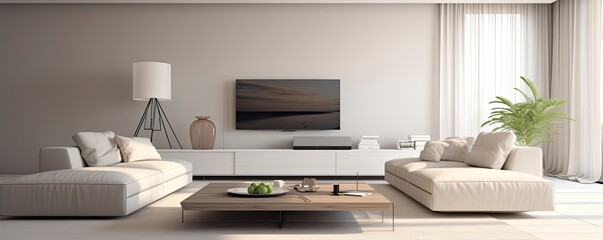 Fototapeta premium Minimalist Interior Design, A minimalist living room with sleek furniture, neutral colors, and a spacious, uncluttered look
