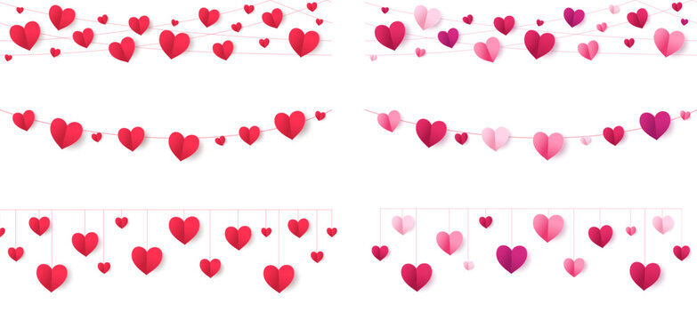 Red and pink hearts seamless decoration. Valentine's day frame, border. Wedding string ornaments isolated on transparent background. Mother's day garland. For banners, party posters. Vector.