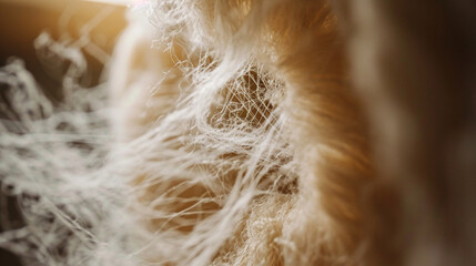 A close-up of a silkworm spinning its silk cocoon in a controlled environment, highlighting the mesmerizing intricacy of the silk thread creation process. The fine details showcase