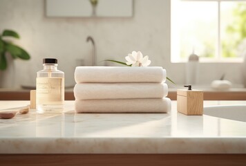 Obraz na płótnie Canvas A composition of toiletries including soap and a towel set against a blurred white bathroom background, creating a serene and clean ambiance.