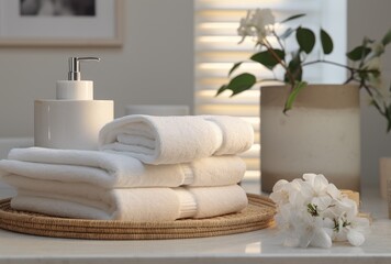 Fototapeta na wymiar A composition of toiletries including soap and a towel set against a blurred white bathroom background, creating a serene and clean ambiance.