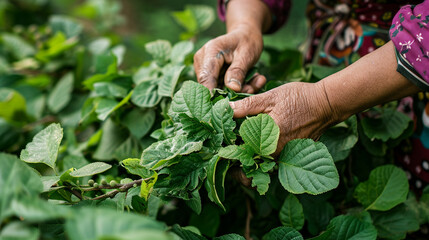 A farmer carefully harvests ripe mulberry leaves, a crucial component in the diet of silkworms. The juxtaposition of human hands and natural elements showcases the symbiotic relati
