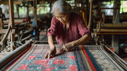 In a traditional silk weaving workshop, skilled artisans create intricate patterns using silk threads on wooden looms. The combination of craftsmanship and cultural heritage is evi