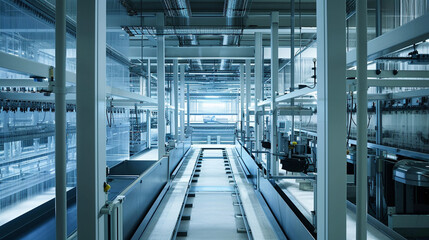 Obraz premium A high-tech silk production facility with automated machines processing silk threads. The futuristic setting emphasizes the modern innovations that coexist with traditional methods