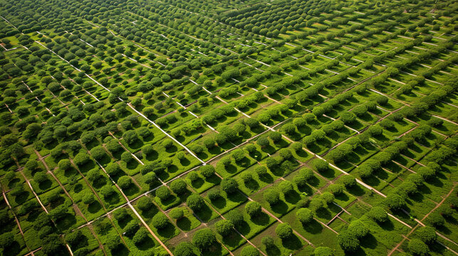 An aerial view of a vast silkworm farm, with neat rows of mulberry trees and silkworm habitats. The geometric patterns formed by the landscape showcase the meticulous planning invo