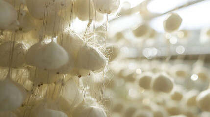 Silkworms illuminated by soft, diffused light as they spin their cocoons in a controlled environment. The ethereal lighting adds a sense of enchantment to the natural beauty of sil