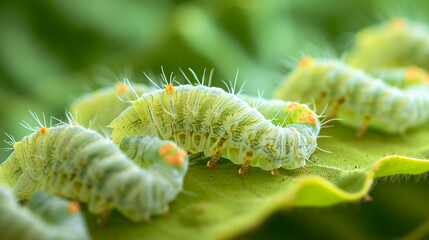 Silkworms in the process of metamorphosis, symbolizing the transformative journey from larvae to cocoon spinners in the cycle of silk production.