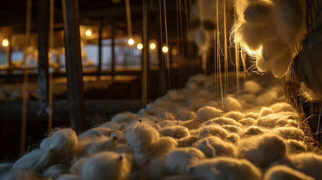 Silkworms illuminated by soft, diffused light as they spin their cocoons in a controlled environment. The ethereal lighting adds a sense of enchantment to the natural beauty of sil
