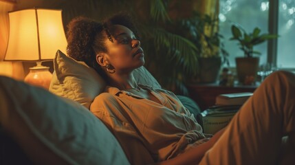 Fototapeta premium Quiet Moments at Home: Relaxed black female In Thought as Night Falls