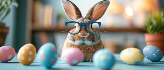 Celebrating Spring: A Delightful Rabbit Wearing Blue Glasses Amongst Colorful Easter Eggs - obrazy, fototapety, plakaty
