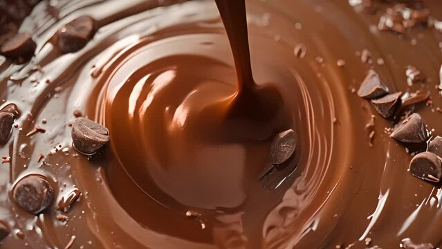 Stirring chocolate, hot melted liquid chocolate, mixing molten milk chocolate or dark caramel. Cooking handmade chocolate dessert and candies. Confectionery background texture flowing delicious