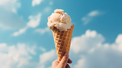 hand holding a scoop of ice cream in a waffle cone in front of a blue, blurred sky