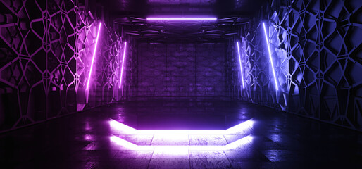 Cyber Futuristic Sci Fi Background Scene Podium Showroom Technology Alien Mesh Metal Walls Cement Floor Glowing Neon Lasers 3D Rendering © IM_VISUALS