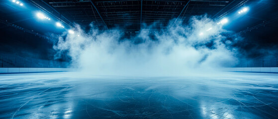 Ice Rink Background. Professional Arena illuminated neon lights, spotlights with smoke. Copyspace. Winter poster for hockey competitions. Ice skating. Stadium. Generative ai