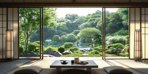 日本庭園が見える和室02 - obrazy, fototapety, plakaty