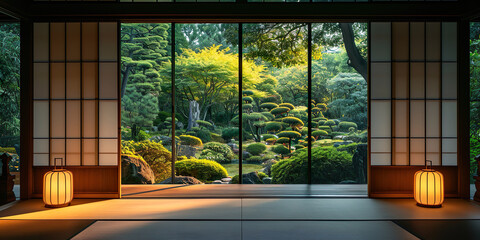 日本庭園が見える和室01 - obrazy, fototapety, plakaty