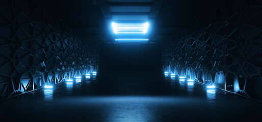 Cyber Futuristic Sci Fi Background Corridor Tunnel Showroom Technology Alien Mesh Metal Walls Cement Floor Glowing Neon Lasers 3D Rendering © IM_VISUALS