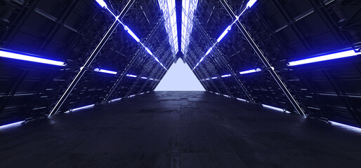 Triangle Shaped Sci Fi Garage Concrete Futuristic Cyber Neon Glowing Wall Construction Background Warehouse Empty Space Bunker 3D Rendering © IM_VISUALS