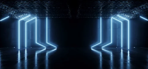 Sci Fi Garage Concrete Futuristic Cyber Neon Glowing Wall Construction Background Warehouse Empty Space Stage Bunker 3D Rendering © IM_VISUALS