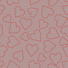 Vintage delicate seamless vector pattern with lace hearts. Red stylised mesh texture on pink background. Simple cute abstract ornamental illustration for home decor, wrapping paper and gift cards.