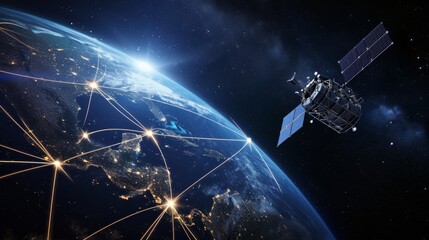 Satellite Orbiting Digital Earth Network.
A satellite orbiting Earth with a digital network overlay.