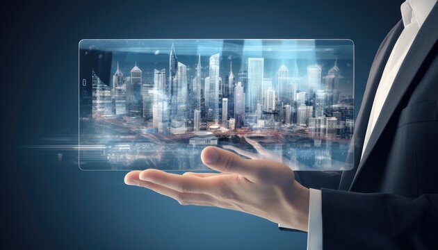A businessman holding a holographic architectural cityscape in the palm of his hand, depicting a futuristic and innovative concept.