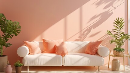 Close up of white sofa with two linen cushions - AI Generated