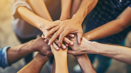 United Strength, Diverse Hands Together in a Symbol of Teamwork and Solidarity - obrazy, fototapety, plakaty