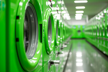 Laundry with  green laundry machines in environmental friendly laundromat