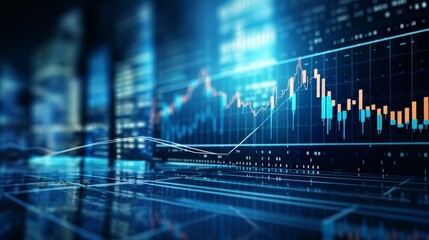 Business analyst examining financial data and stock market trends on blue graphs and charts