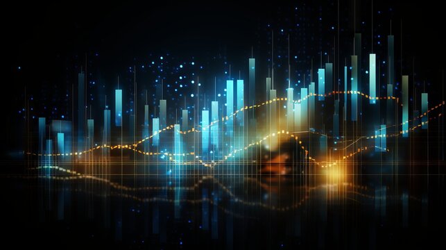 Business and technology concept with financial stock market graph on digital screen and abstract cityscape background