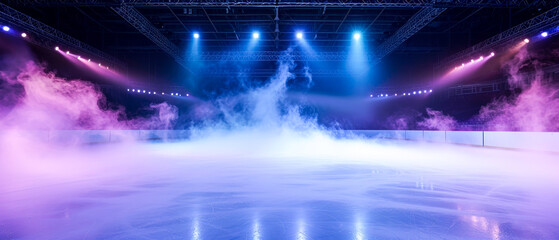Purple Ice Rink Background. Professional Arena illuminated neon lights, spotlights with smoke. Copyspace. Winter poster for hockey competitions. Ice skating. Stadium. Generative ai