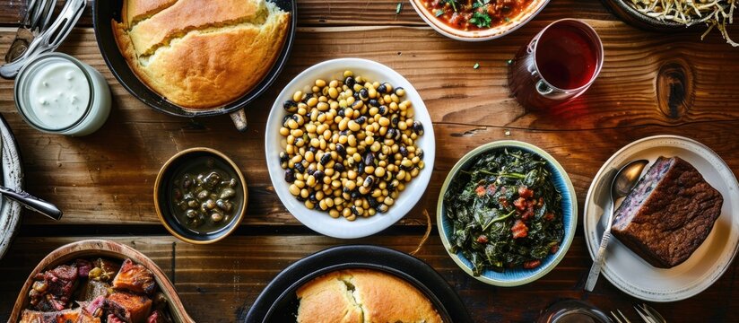 Bird's eye view of traditional Southern meal with black-eye peas, collard greens and cornbread
