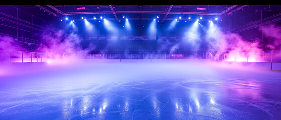 Purple Ice Rink Background. Professional Arena illuminated neon lights, spotlights with smoke. Copyspace. Winter poster for hockey competitions. Ice skating. Stadium. Generative ai