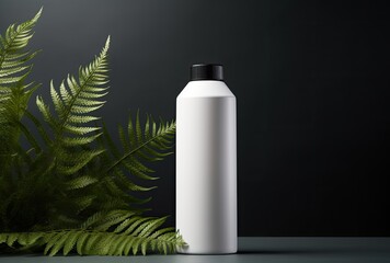 Mockup of a blank white lotion body care product set against a background of nature leaves, creating a fresh and organic visual.