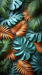Fototapeta premium Tropical leaves background, banner with green floral pattern, generative AI
