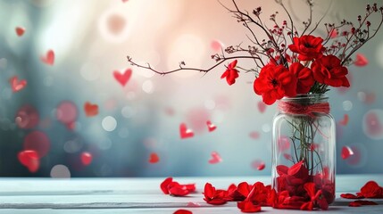 red flowers and love in a jar for valentine's day background - AI Generated Abstract Art