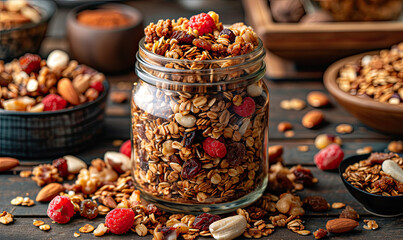 Healthy breakfast homemade granola in glass jar.Generative AI