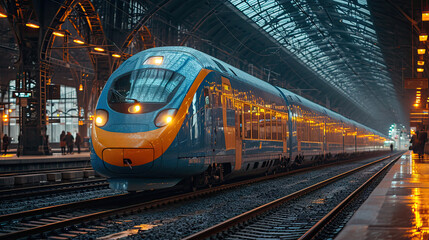 Fototapeta premium High speed train in motion on the railway station.Generative AI